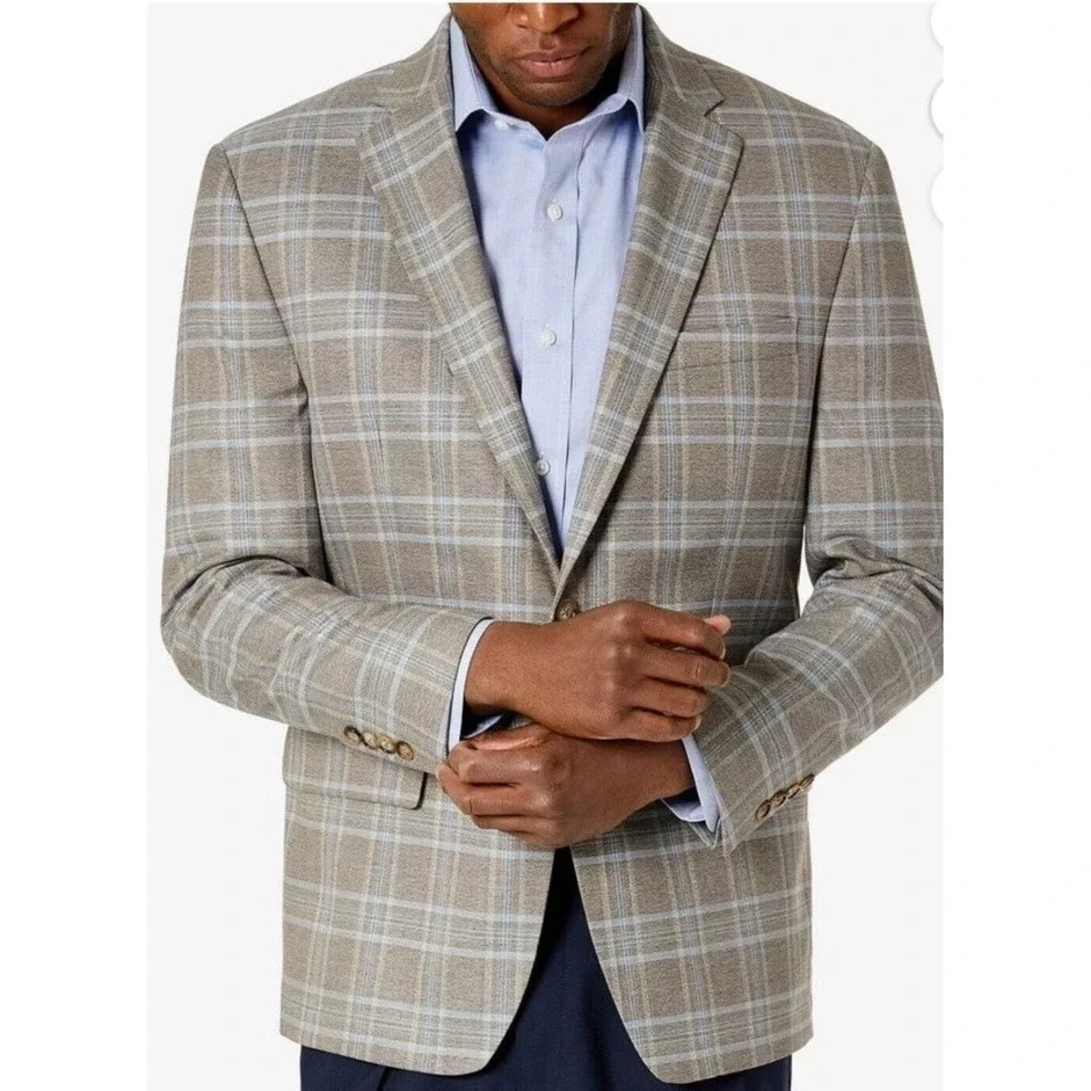 Lauren Ralph Lauren Men UltraFlex Plaid Sports Coat Blazer‎ Tan Blue Jacket 50R